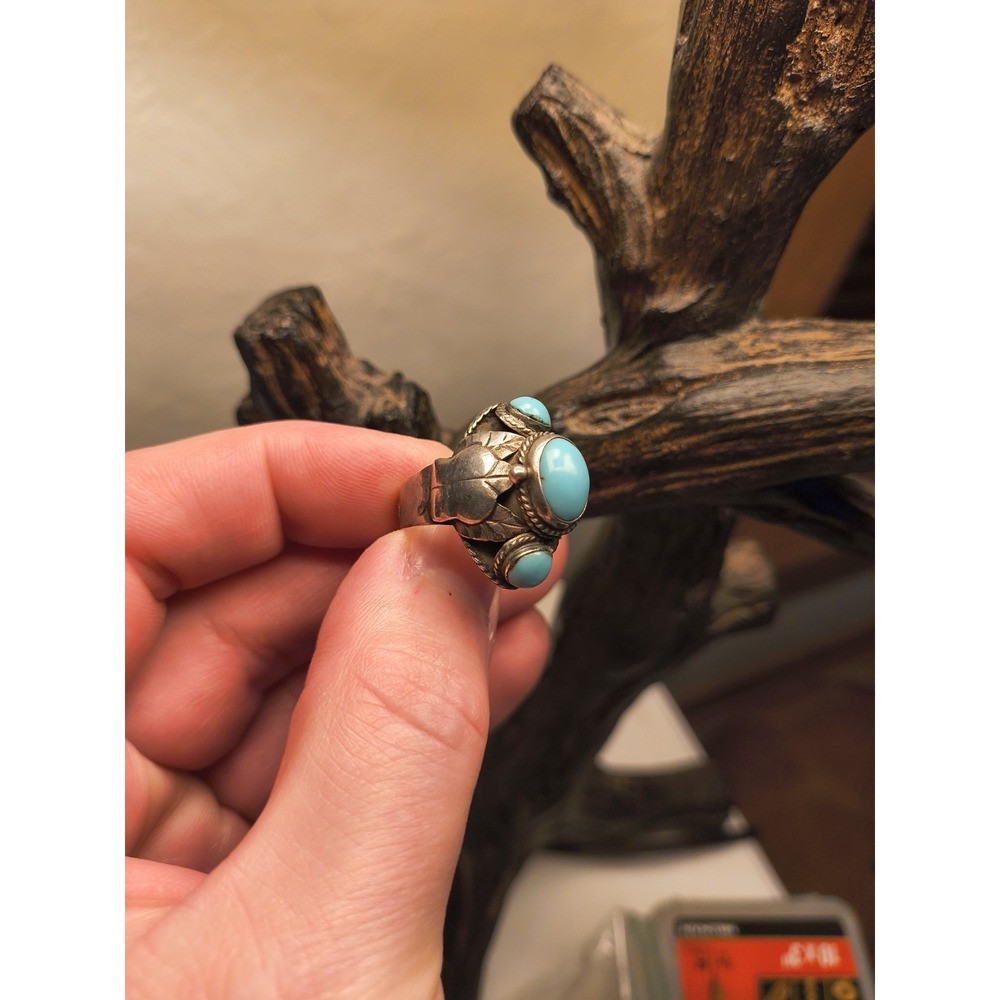 Antique Taxaco Sterling Silver And Turquoise Poison Ring Size 6